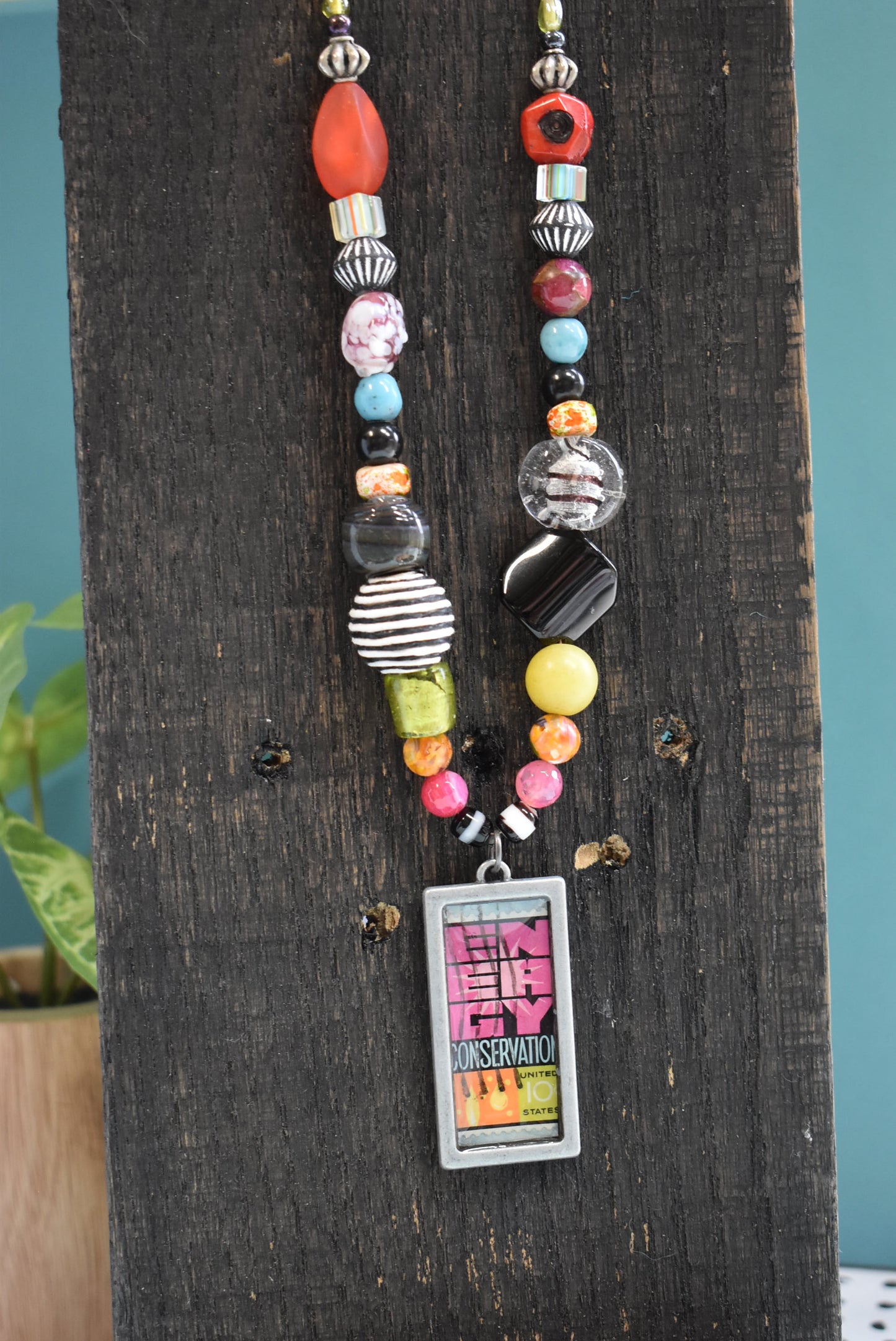 Upcycled Material | Vintage Stamp Beaded Necklace